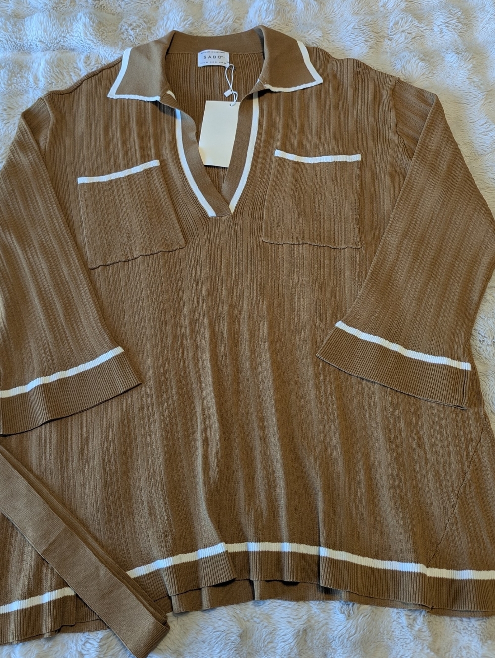 NWT Sabo Skirt Brown Pleated V-Neck Long Sleeve Dress with White Trim - Picture 2 of 6